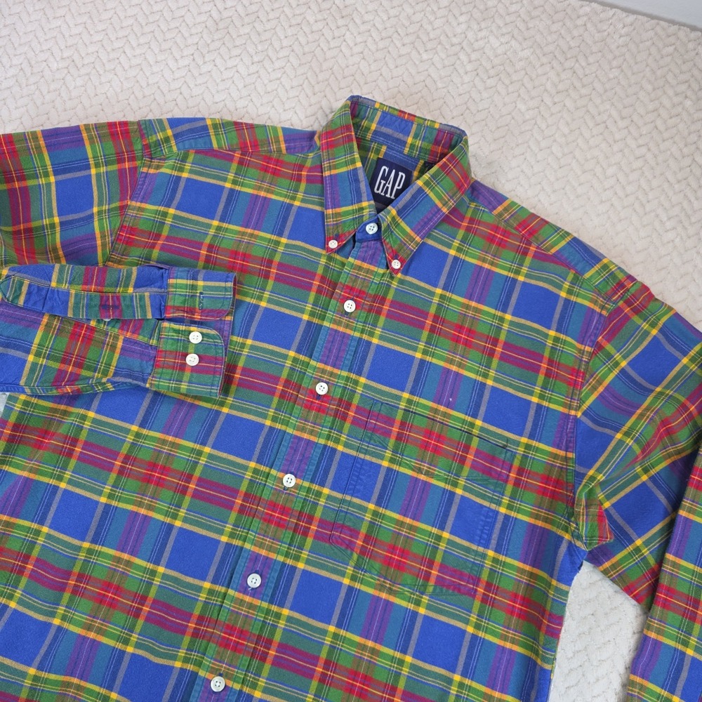 Vintage 90s Gap Mens Medium Plaid Button Down Shirt Blue Green Red Yellow Cotton